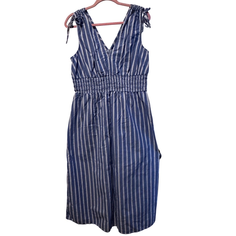 Old Navy Coastal Smocked Waist Blue White Striped Tie Shoulder Midi Dress L Sun